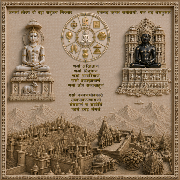 3D Wall Mural — Shatrunjay & Girnar Jain Tirth | 4×4 Feet