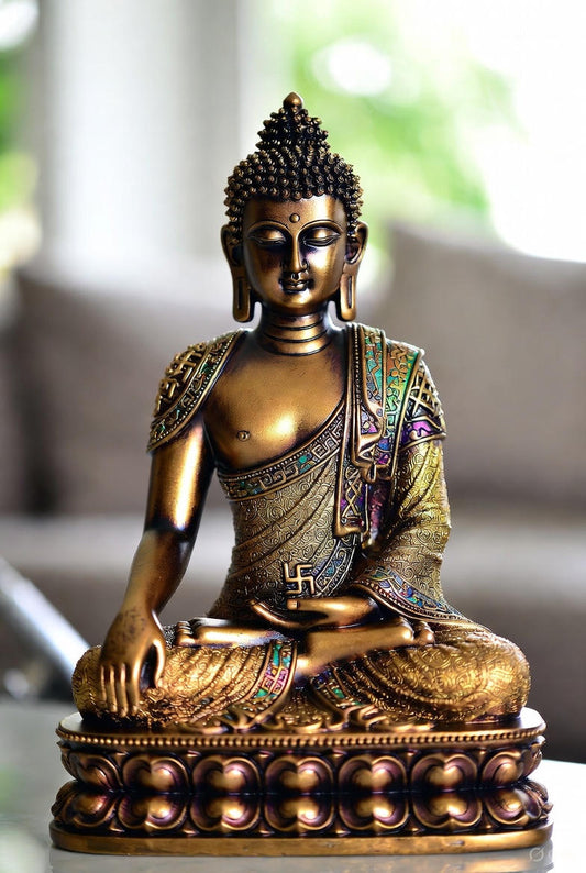 Bronze Buddha sculpture displayed on shelf in modern home