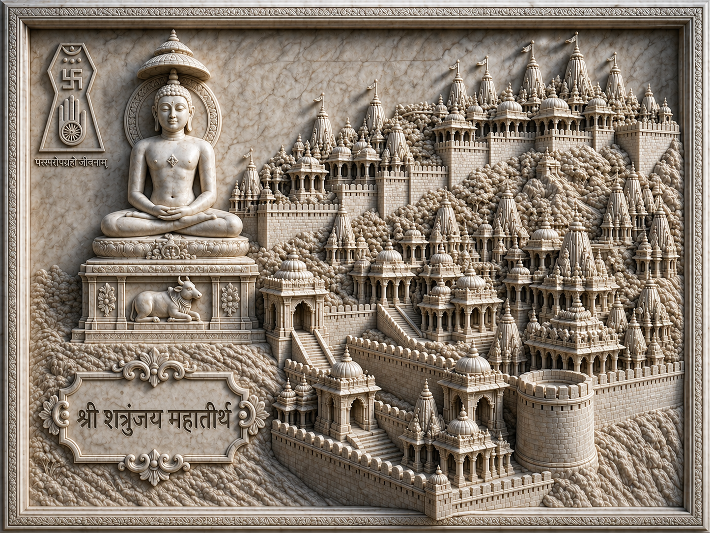 Shri Shatrunjay Mahatirth 3D Wall Mural — White Marble finish | RadhaSam