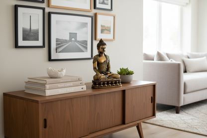 Living room with wooden sideboard, Buddha statue, and framed pictures.