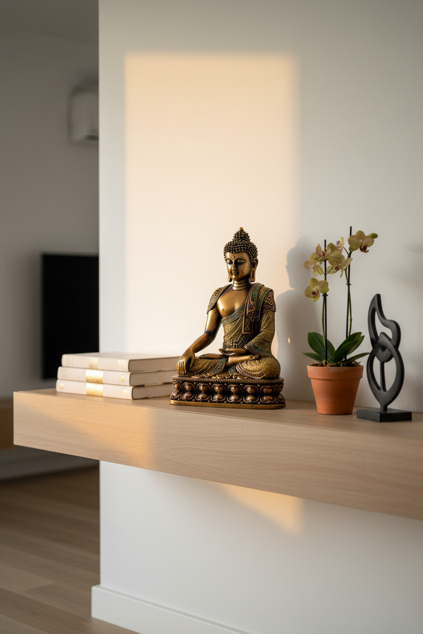 Buddha statue on a wooden shelf with a potted plant and books in a room setting.