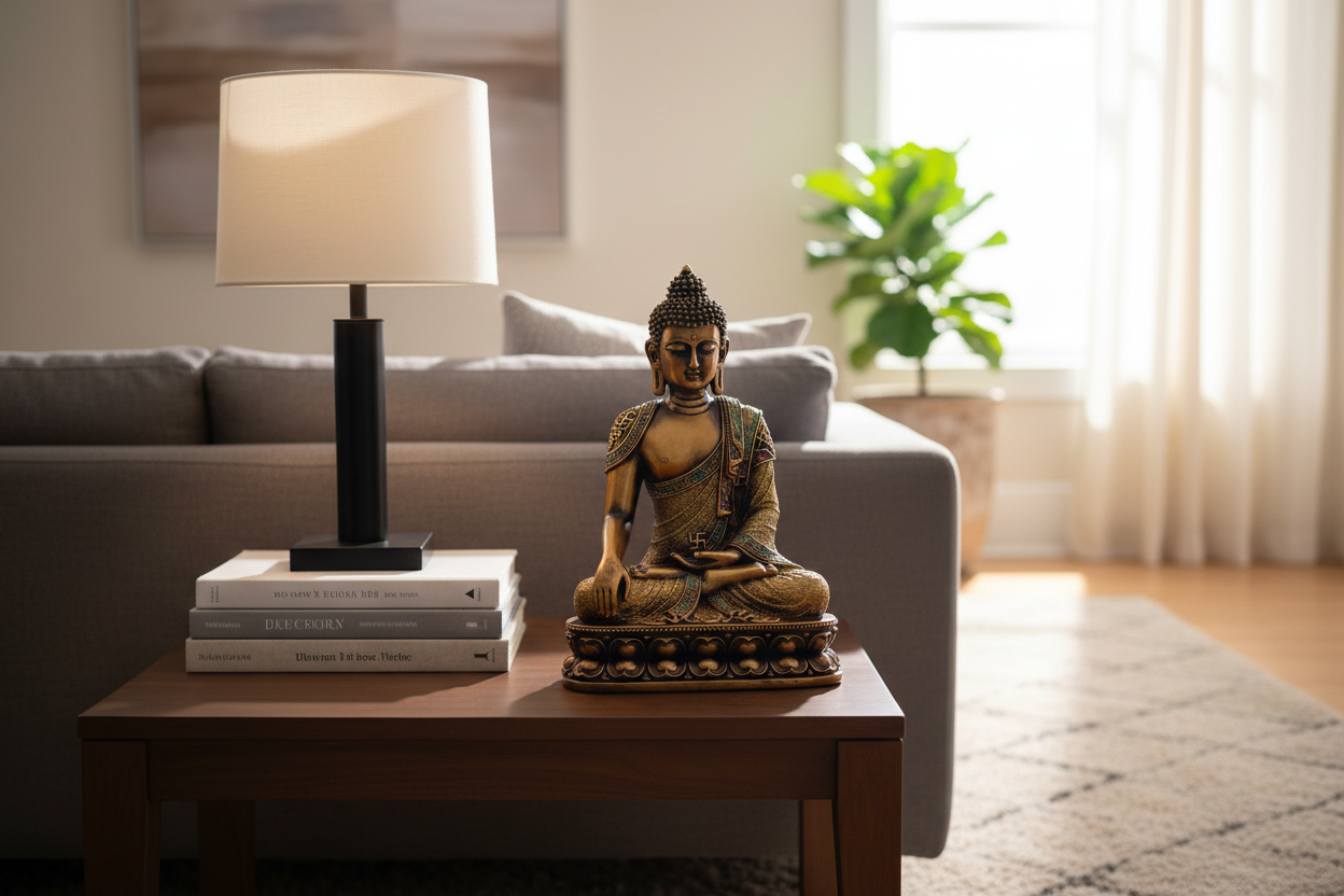 Buddha statue on a coffee table in a living room with a lamp and books.