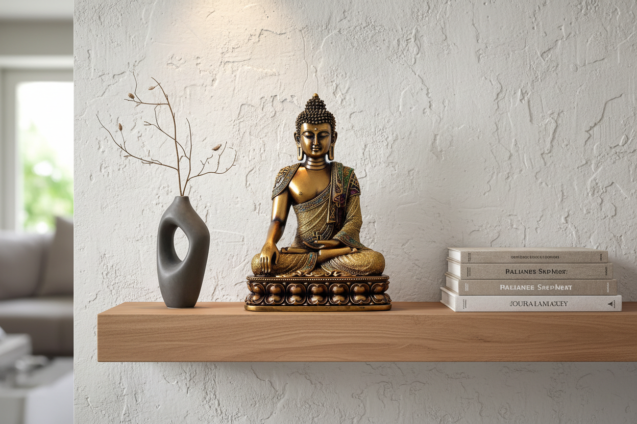 Bronze Buddha sculpture displayed on shelf in modern home