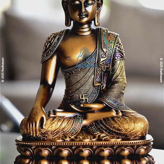 Bronze Buddha sculpture displayed on shelf in modern home