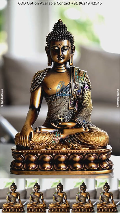 Bronze Buddha sculpture displayed on shelf in modern home