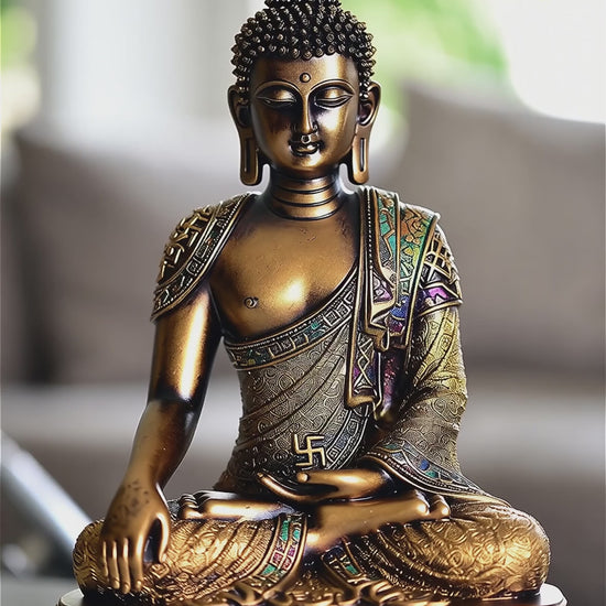 Bronze Buddha sculpture displayed on shelf in modern home