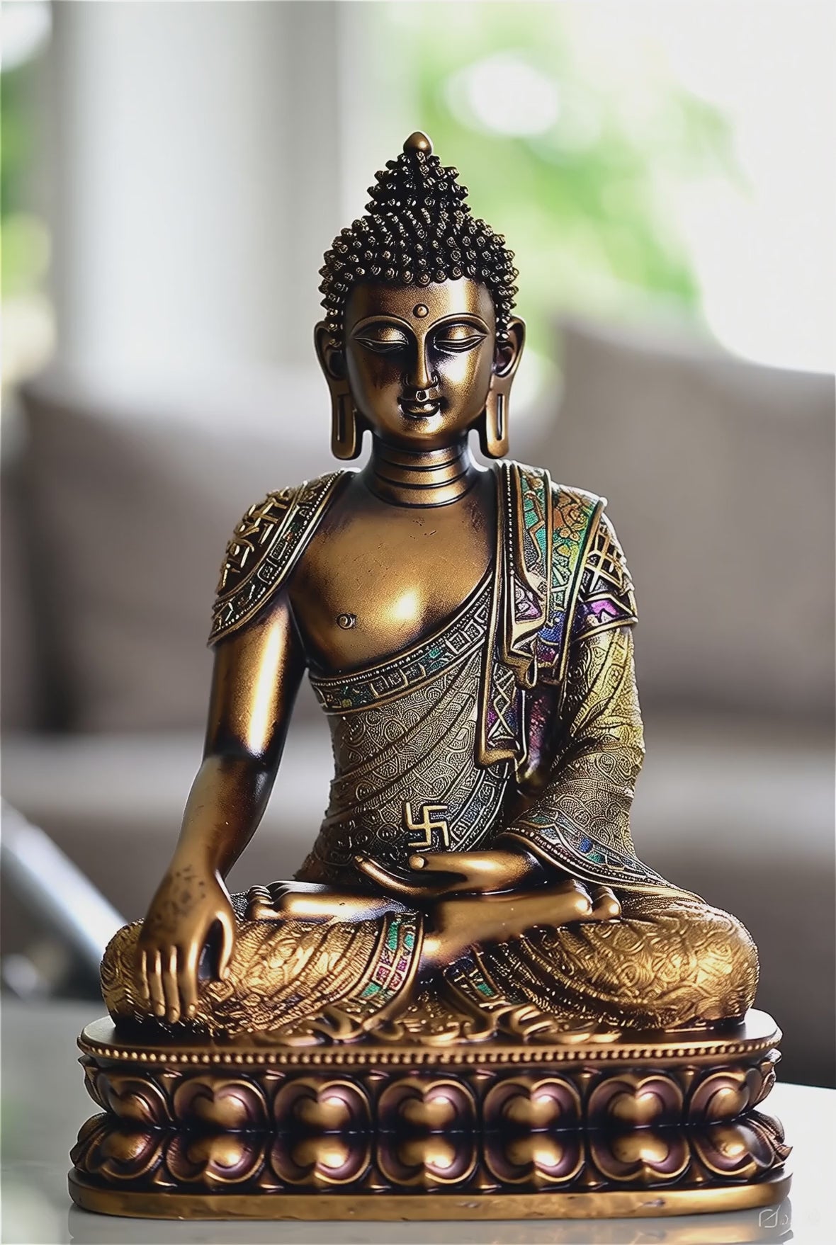 Bronze Buddha sculpture displayed on shelf in modern home
