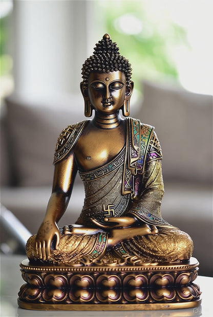 Bronze Buddha sculpture displayed on shelf in modern home