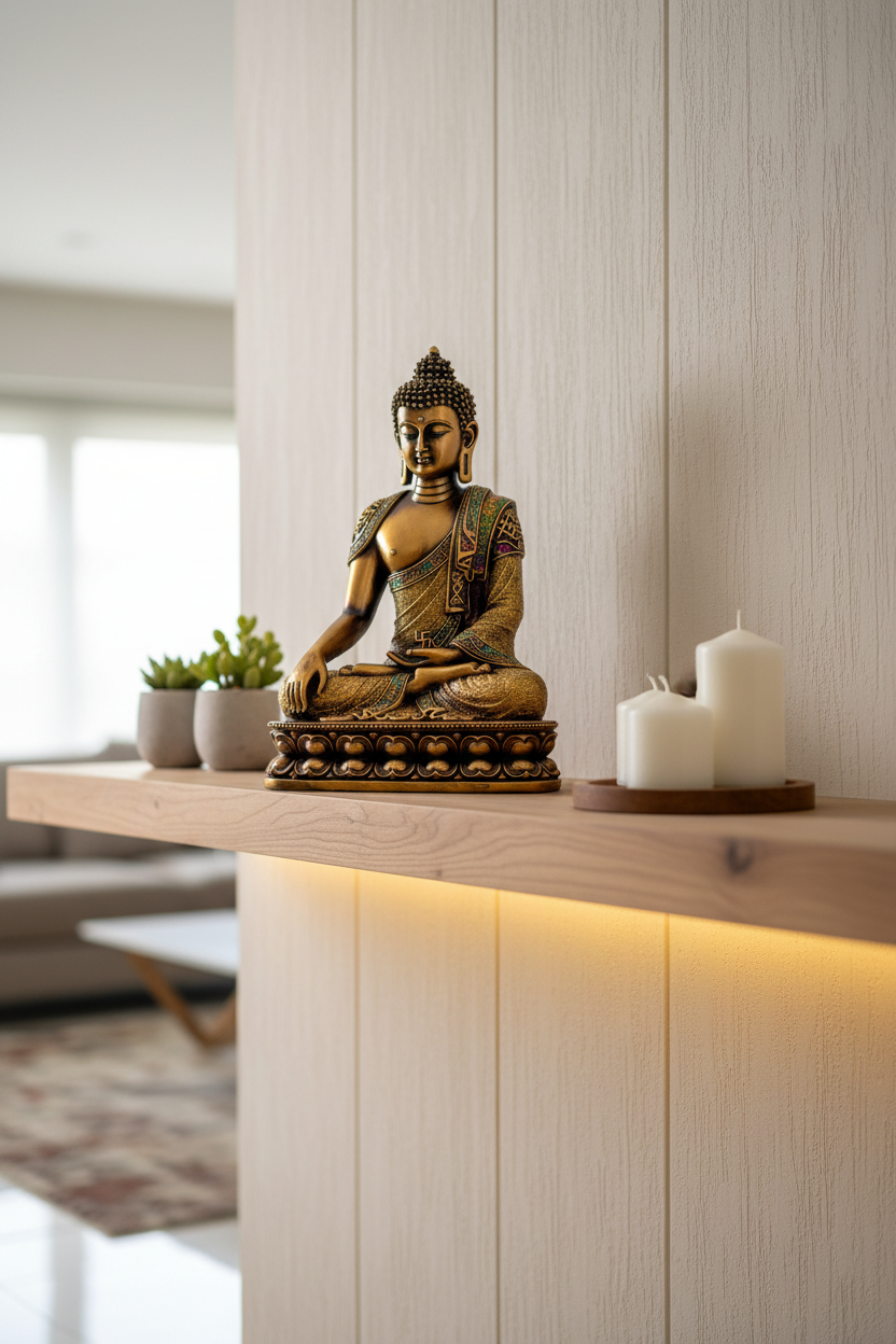 Bronze Buddha statue on a wooden shelf with candles against a neutral wall.