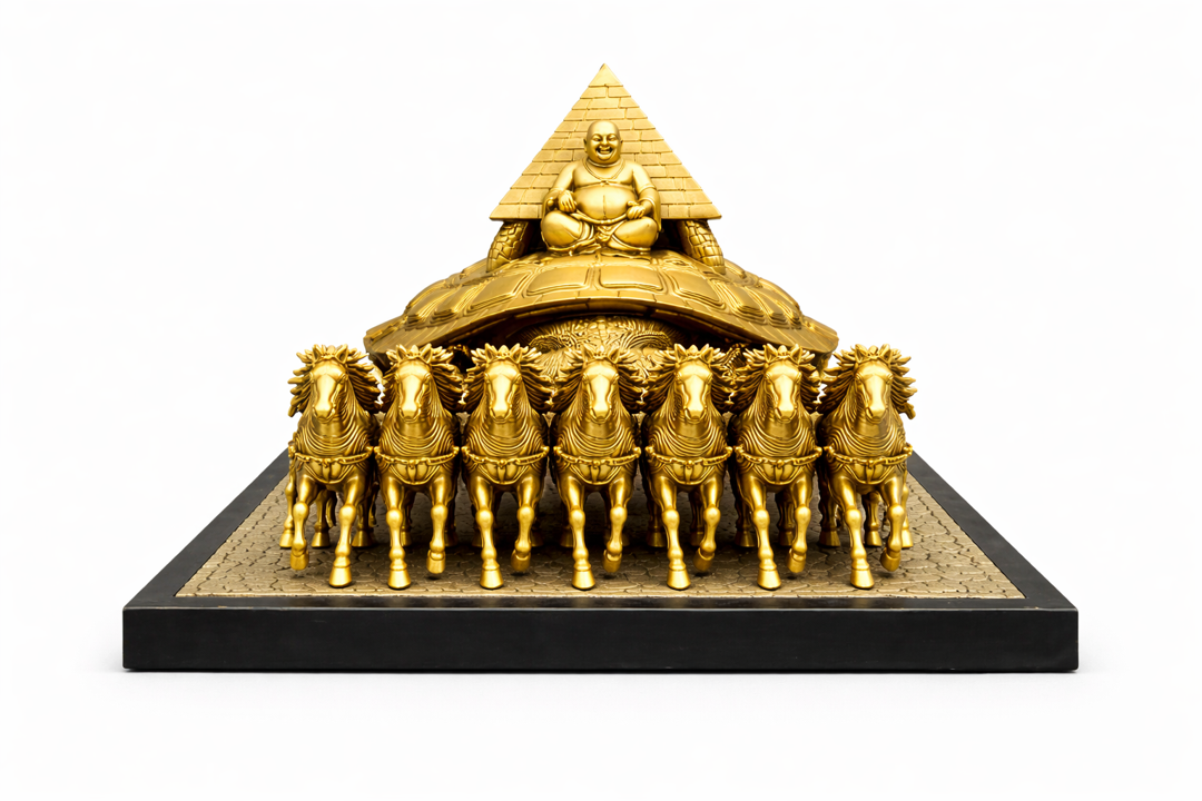 Vastu Rath showing 7 sacred powers - horses, tortoise, Buddha, pyramid, Shree Yantra