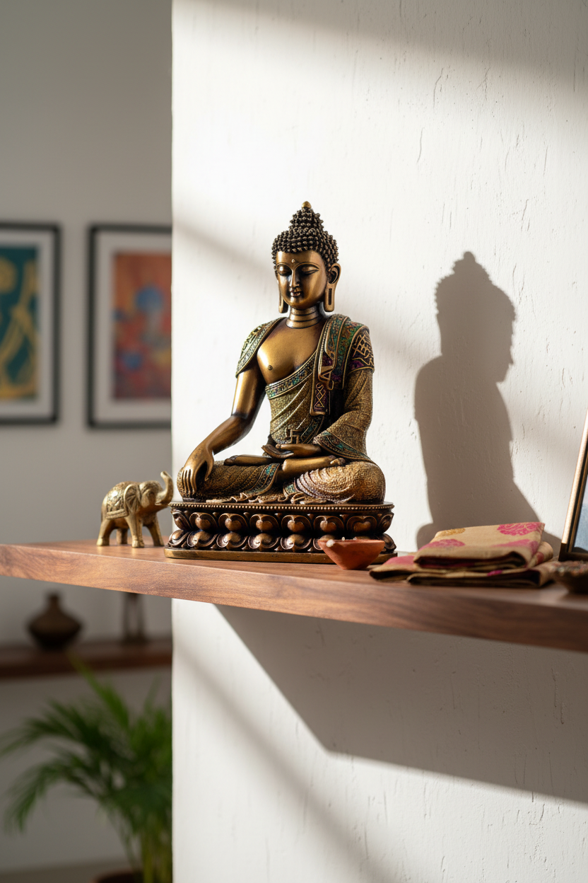 Bronze Buddha statue on a wooden shelf with a plant and framed art in the background.