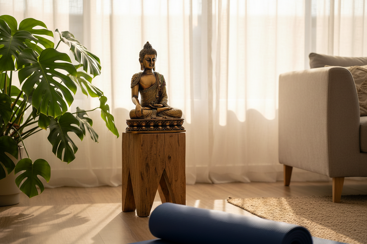 Buddha statue on a wooden pedestal in a living room with a plant and sofa.