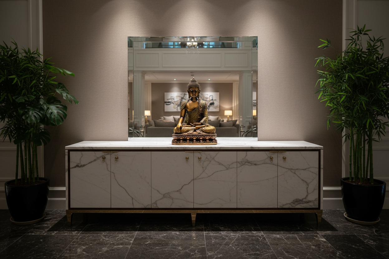 Modern interior with a marble cabinet, gold Buddha statue, and decorative mirror.