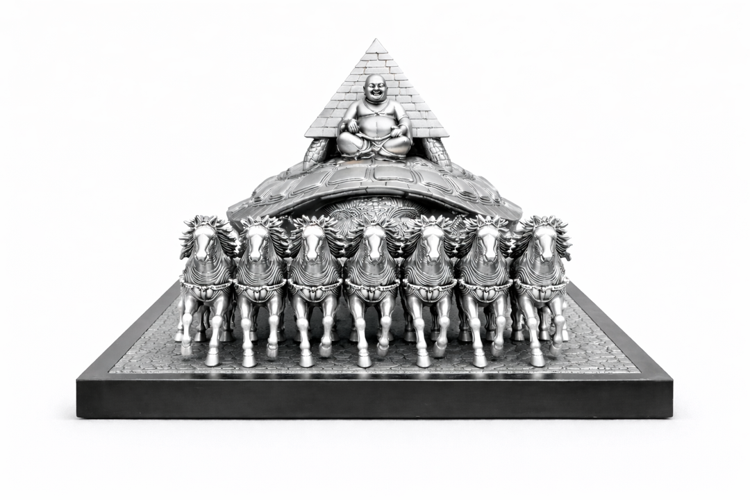 Vastu Rath showing 7 sacred powers - horses, tortoise, Buddha, pyramid, Shree Yantra