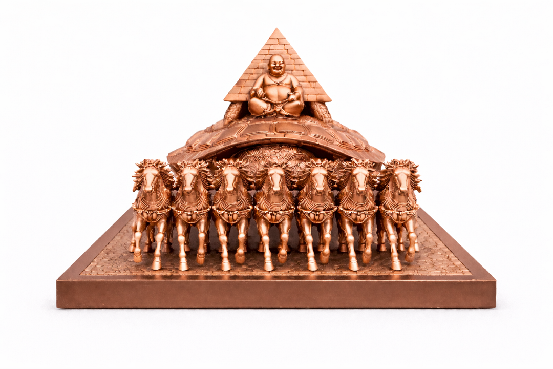 Vastu Rath showing 7 sacred powers - horses, tortoise, Buddha, pyramid, Shree Yantra