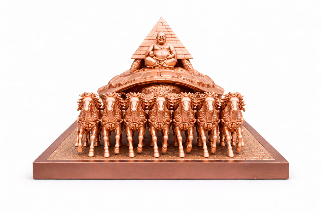 Vastu Rath showing 7 sacred powers - horses, tortoise, Buddha, pyramid, Shree Yantra